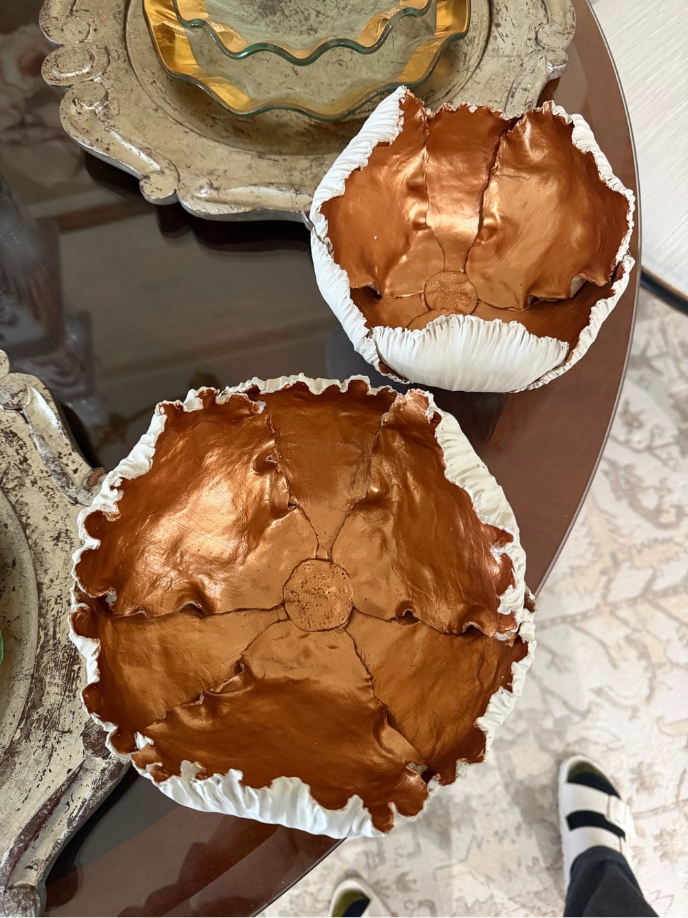Set of (2) Handcrafted White and Metallic Copper Decorative Bowls